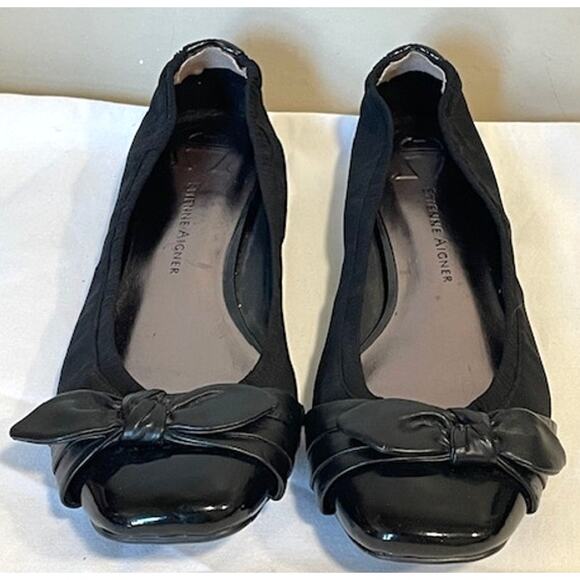 Etienne Aigner Bow Patent Black Ballet Flats Women's Sz 8.5 - Picture 1 of 11